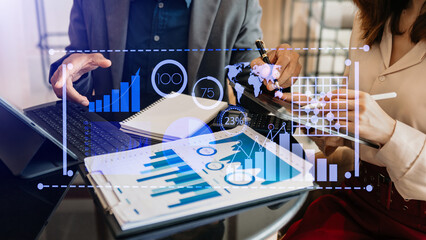 Intelligence and business analytics with key performance indicators dashboard concept.StartUp Programming as Fintech concept.Business team meeting. Photo professional investor  at office.