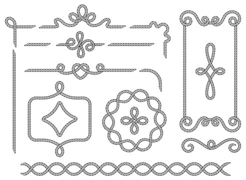 Rope. Set of various decorative rope elements and frames. Isolated black outline