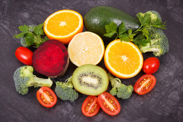 Fresh fruits and vegetables, nutritious dessert as source healthy minerals and vitamins