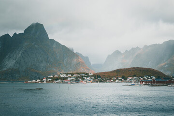 Fototapeta na wymiar Beautiful landscape with mountains during a moody autumn day, on the Lofoten Islands