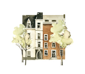 Watercolor city clipart. Digital street png illustration.