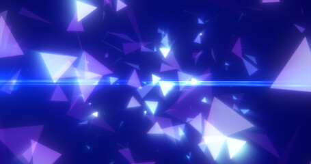 Abstract triangular fragments blue bright glowing, magical energy abstract background