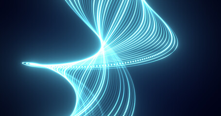 Abstract blue waves from lines and dots of particles of glowing swirling futuristic hi-tech with blur effect on a dark background. Abstract background
