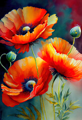 Watercolor poppies painting background.  
Digitally generated AI image