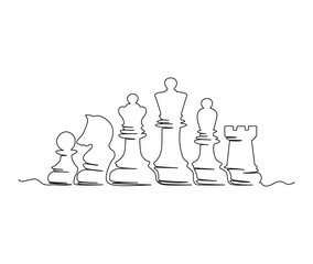 Continuous one line drawing of pawn, knight, king, queen,rook, bishop. simple chess pieces line art vector illustration.
