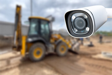 CCTV camera watching an excavator and workers working on a construction site.
