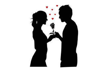 Happy Valentines Day illustration. Silhouettes of couples with flowers. A boy giving a rose flower to a girl. Vector illustration. Set of romantic love.