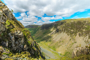 Looking down into Honister Pass from the side of Fleetwith Pike in The English Lake District