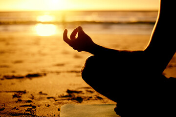 Lotus, yoga and hands silhouette at beach outdoors for health, wellness and fitness. Sunset, zen...