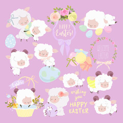 Easter Set with Cute White Sheeps and Easter Eggs