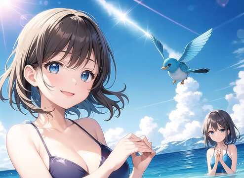 海で遊ぶ少女達と青い鳥