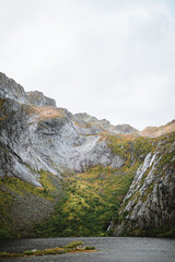 Beautiful landscape with mountains during a moody autumn day, on the Lofoten Islands