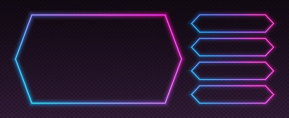 Neon quiz template, UI design for questionnaire with multiple answers. Glowing borders set for tv show contest. Colors are easy to change. Vector illustration.