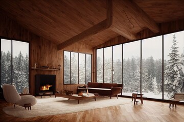 Luxurious cozy mid century modern loft interior living room cabin with floor to ceiling windows winter views fireplace hardwood floors and minimal staged furniture Made with Generative Ai