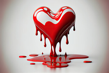 Isoliertes, freigestelltes wei&szlig;es AI Kunst 3D Herz schwebt in der Luft, geh&uuml;llt in roter gl&auml;nzender fl&uuml;ssiger Farbe, Spritzer 