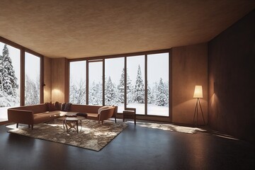 Beautiful cozy mid century modern interior living room space with large windows winter views at dawn with minimal staged furniture Made with Generative Ai