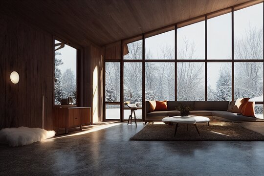 Cozy warm mid century modern cabin living room interior with floor to ceiling windows winter views at dawn Made with Generative Ai
