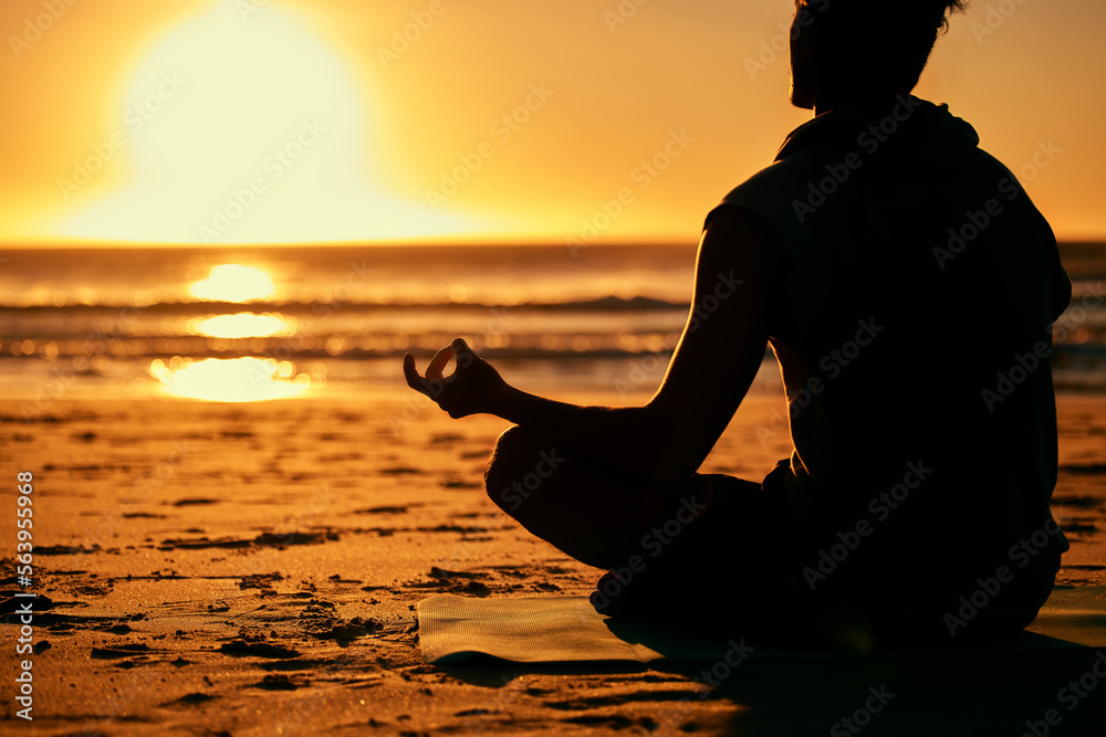 Sticker Meditation, lotus and silhouette of man at beach outdoors for health and wellness. Sunset, zen yoga and shadow or outline of male yogi meditating, chakra training and mindfulness exercise at seashore