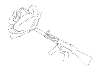 One continuous line of a Machine Gun with Rose. Thin Line Illustration vector concept. Contour Drawing Creative ideas.