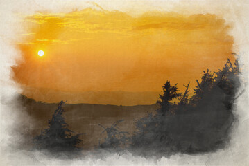 Digital watercolor painting of sunset silhouettes at the Roaches.