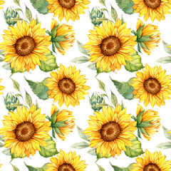 Watercolor Sunflower Background, Sunflower Seamless pattern with Hand Painted Watercolor Sunflowers and Greenery on white background	

