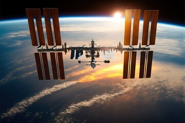 International space station flies around planet. Generative AI