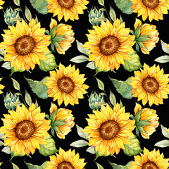 Watercolor Sunflower Background, Sunflower Seamless pattern with Hand Painted Watercolor Sunflowers and Greenery on dark background