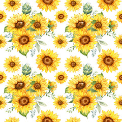 Naklejka na ściany i meble Watercolor Sunflower Background, Sunflower Seamless pattern with Hand Painted Watercolor Sunflowers and Greenery on white background