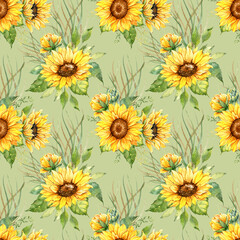 Watercolor Sunflower Background, Sunflower Seamless pattern with Hand Painted Watercolor Sunflowers and Greenery