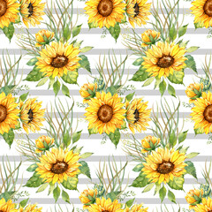 Watercolor Sunflower Background, Sunflower Seamless pattern with Hand Painted Watercolor Sunflowers and Greenery on white background