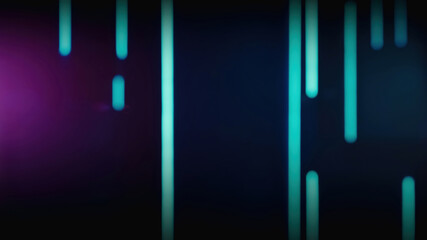 Bokeh neon glow. Futuristic background. Fluorescent illumination. Defocused cyan green blue purple color LED light stripes on dark black abstract free space.