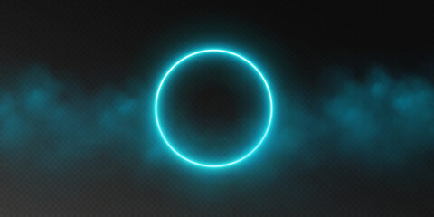 Blue neon circle frame with smoke cloud, glowing gradient ring with colorful fog. Illuminated realistic night scene. Futuristic portal concept. Vector illustration.