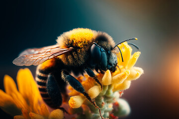 A close-up of a bee covered in pollen, its fuzzy body adding texture to the image of a summer