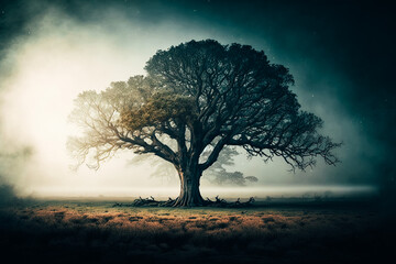 Fototapeta na wymiar A majestic tree standing alone in a misty field, its branches reaching towards the sky