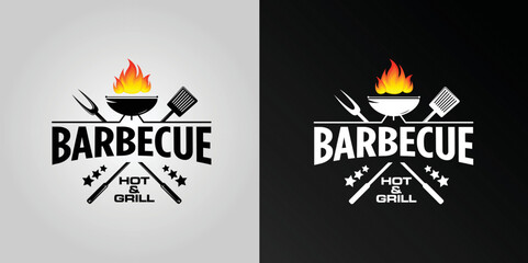 barbecue logo with bbq and smoke logotype and flame concept in combination with spatula.