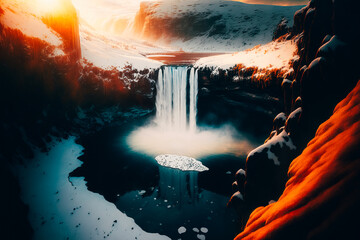 An aerial view of a majestic waterfall surrounded by a snowy landscape and the sun is rising in the background
