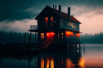 Fototapeta premium an empty jetthouse over a body of water with a boat nearby