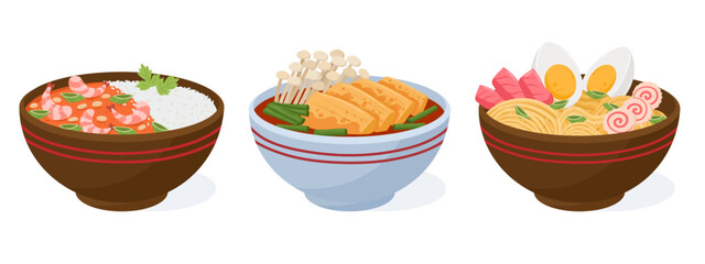Cartoon asian food bowls. Japanese seafood, traditional asian cuisine, ramen soup and rice bowl, oriental seafood dish flat vector illustration set