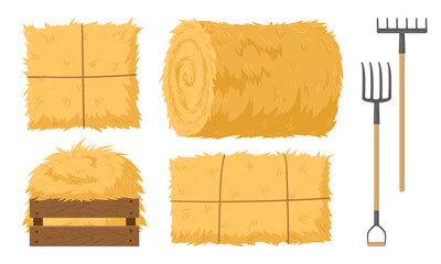 Cartoon agricultural haycocks. Haystack and rakes and pitchfork, rural hay rolled stacks dried haystack, fodder straw flat symbols illustrations set © GreenSkyStudio