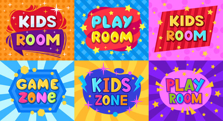 Cartoon kids playroom stickers. Children game zone, kids entertainment party club and game room posters flat vector illustration set