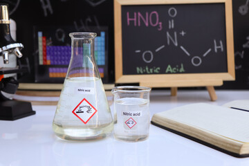 nitric  acid in glass, chemical in the laboratory