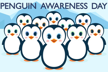 Penguin awareness day January 20, cute cartoon character, lots of penguins, illustration with penguin in cartoon patterns 