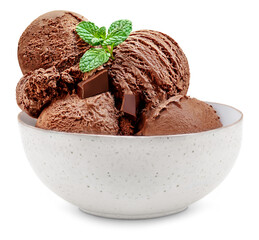 Bowl of Chocolate ice cream isolated on white background. Scoops of Rich Chocolate Ice-Cream with mint leaf close up.