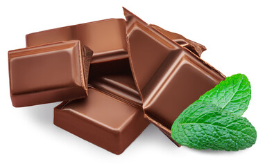 Dark milk chocolate chunks isolated on white background. Broken smooth Chocolate pieces closeup.