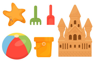 Sandbox play illustrations, sand castle, bucket, shovel, rake, ball, starfish, clipart illustrations for kids. Colorful baby shower cliparts or print for invitations, greeting cards, posters, etc
