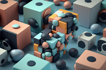 3D representation of all kinds of shapes, squares, triangles, lines, edges, different colors. Background map, banner, background. Image created using AI.