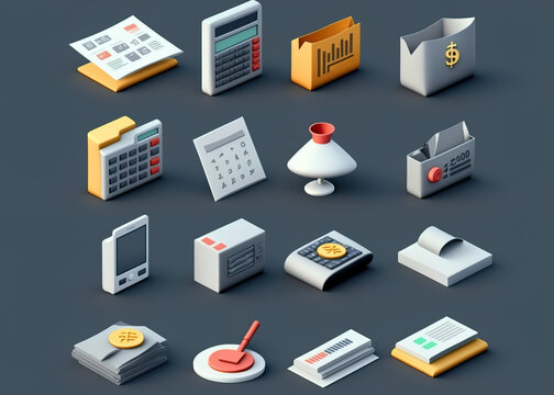 Office objects, with 3D representation. Various icons for office work. Image created using AI.