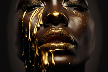 Woman face golden paint flowing from mouth and eyes, close up. Gold makeup, fashion, art and beauty. AI generative - obrazy, fototapety, plakaty