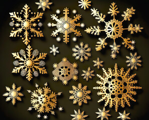 Festive, Christmas wallpaper. In the form of gilded snow crystals. Image created using AI.