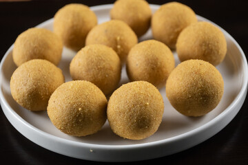 Besan ladoo home made.  A famous Diwali festival time Indian sweet made with roasted chickpea flour...